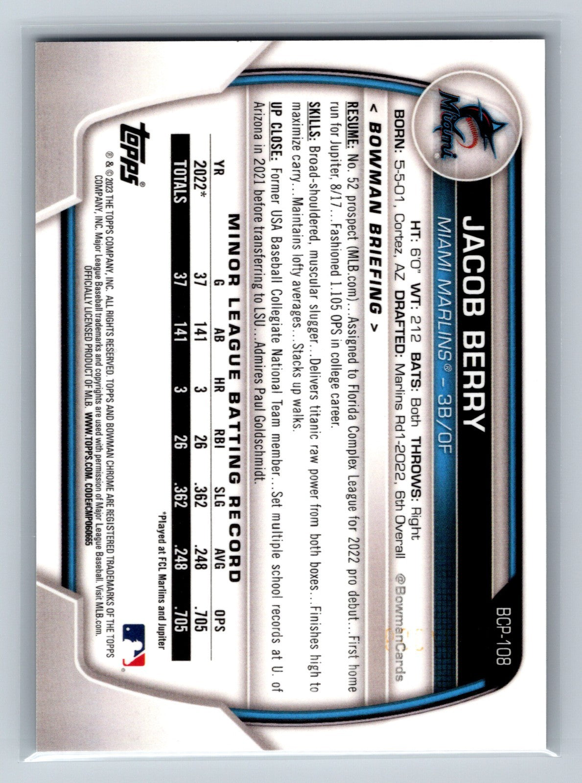 JAcob Berry 2023 Bowman Chrome 1st Lava Refractor /399 #BCP-108 Marlins