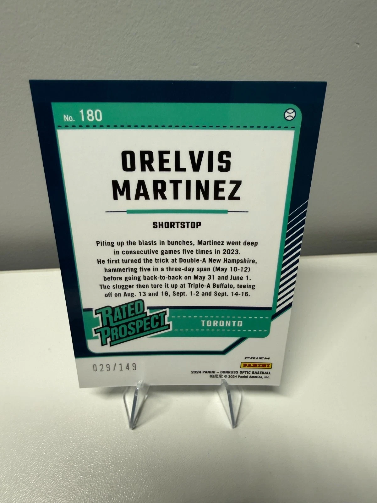 Orelvis Martinez 2024 Panini Donruss Rated Prospect Green Lazer Prizm /149 #180