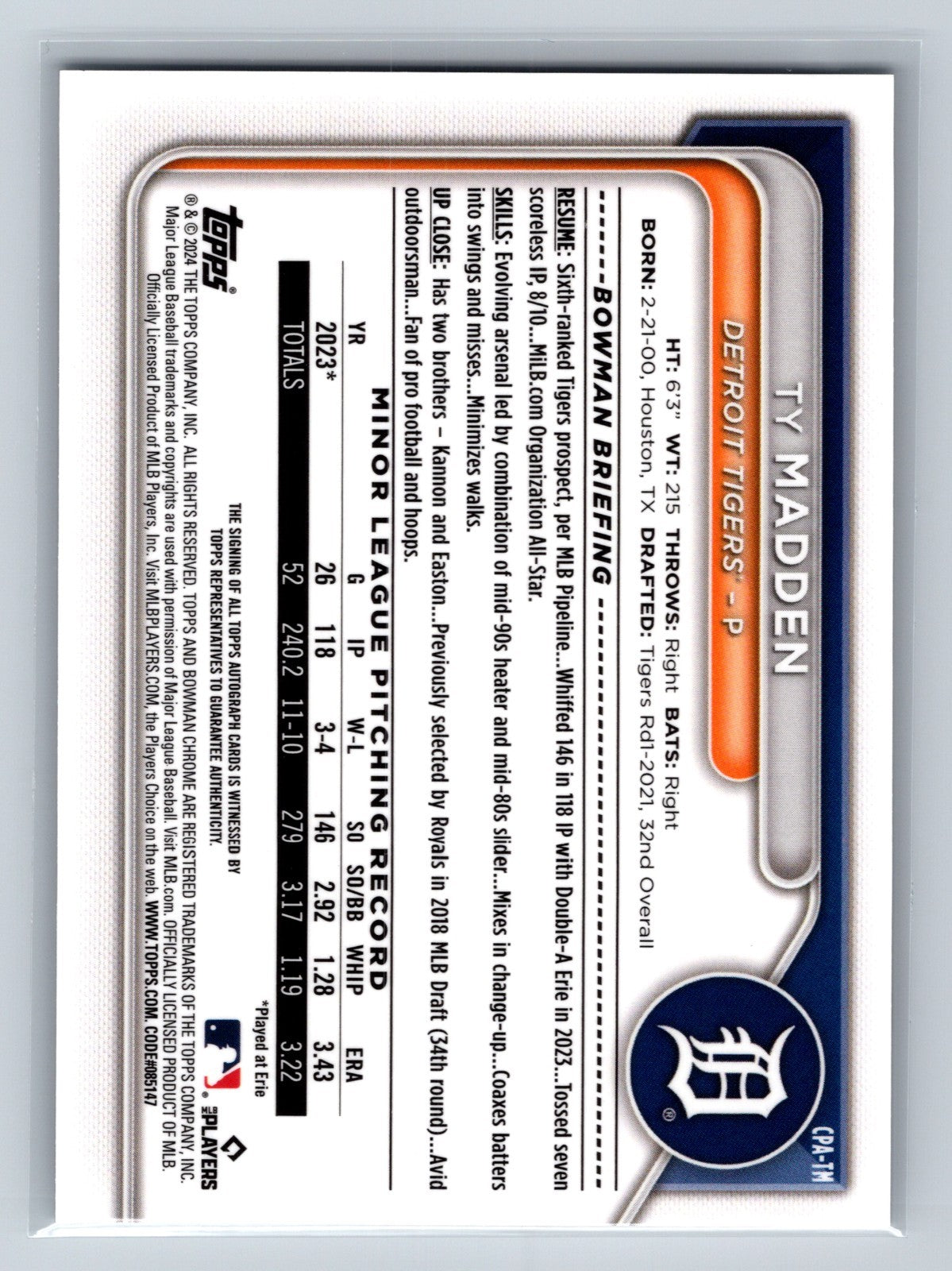TY Maden 2024 Bowman Chrome Prospects HTA Choice Refractor Auto /150 #CPA-TM