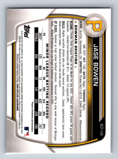 Jase Bowen 2023 Bowman Chrome 1st Blue Shimmer Refractor /150 #BCP-146 Pirates