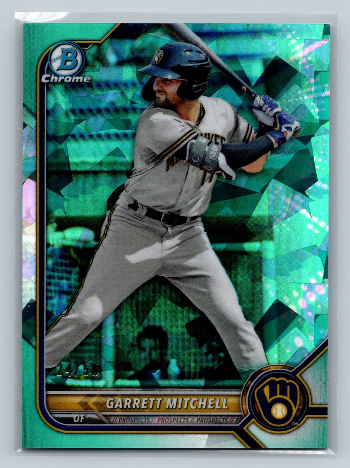 Garrett Mitchell 2022 Bowman Chrome Prospect Aqua Refractor Sapphire Edition /55