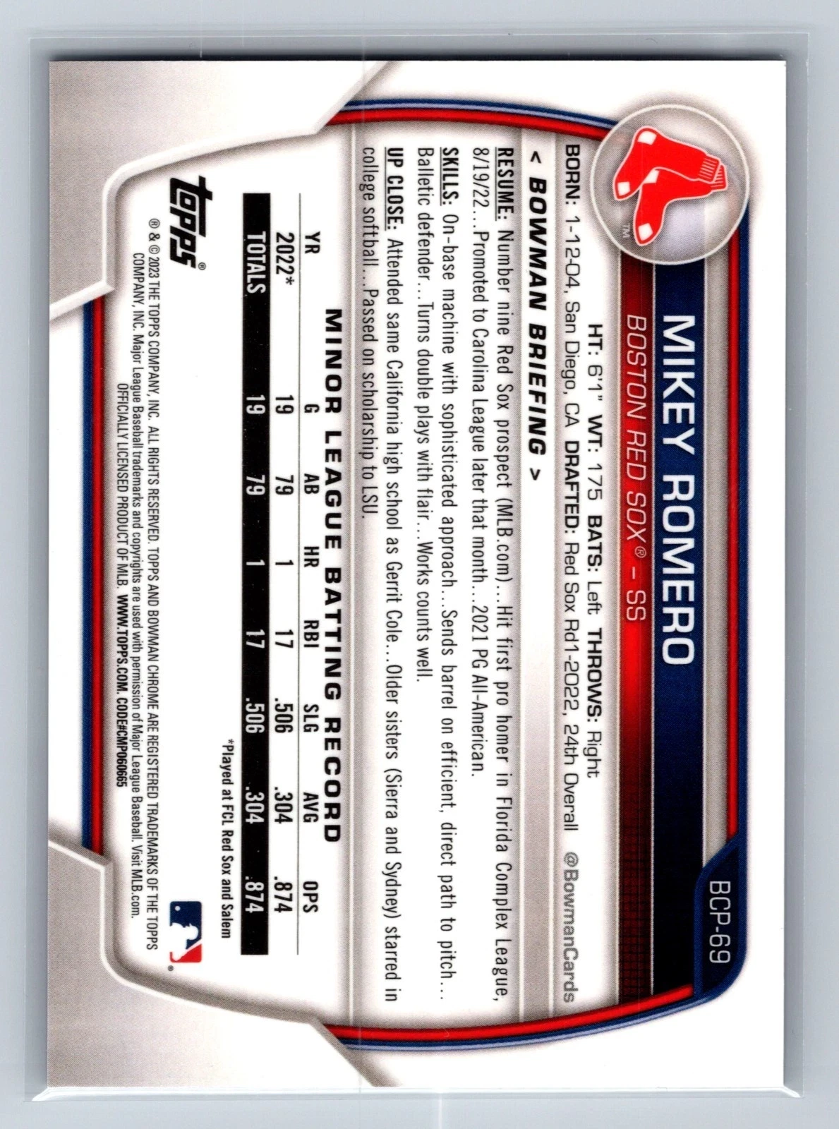 Mikey Romero 2023 Bowman Chrome Prospects Purple RayWave Refractor /250 #BCP-69