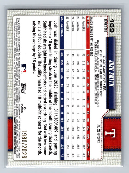 Josh Smith 2026 Topps Series 1 Gold /2026 #169 Rangers