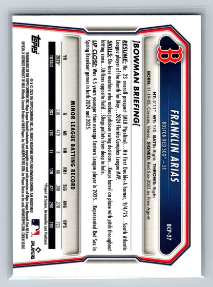 Franklin Arias 2026 Bowman Chrome Prospect Sapphire Green /99 #BCP-27 Red Sox