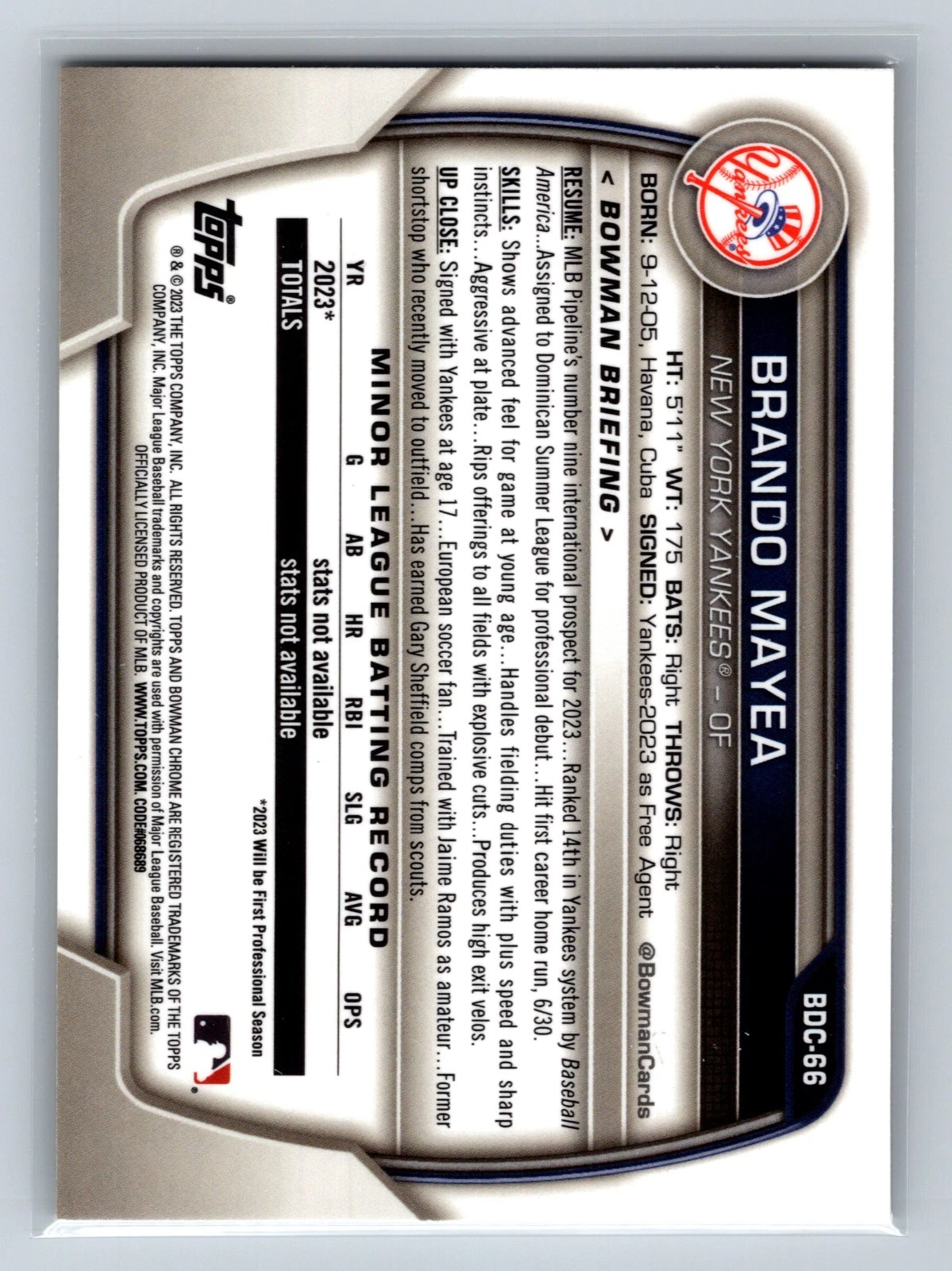 Brando Mayea 2023 Bowman Draft Chrome Yellow Refractor /75 #BDC-66 Yankees