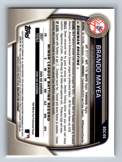 Brando Mayea 2023 Bowman Draft Chrome Yellow Refractor /75 #BDC-66 Yankees