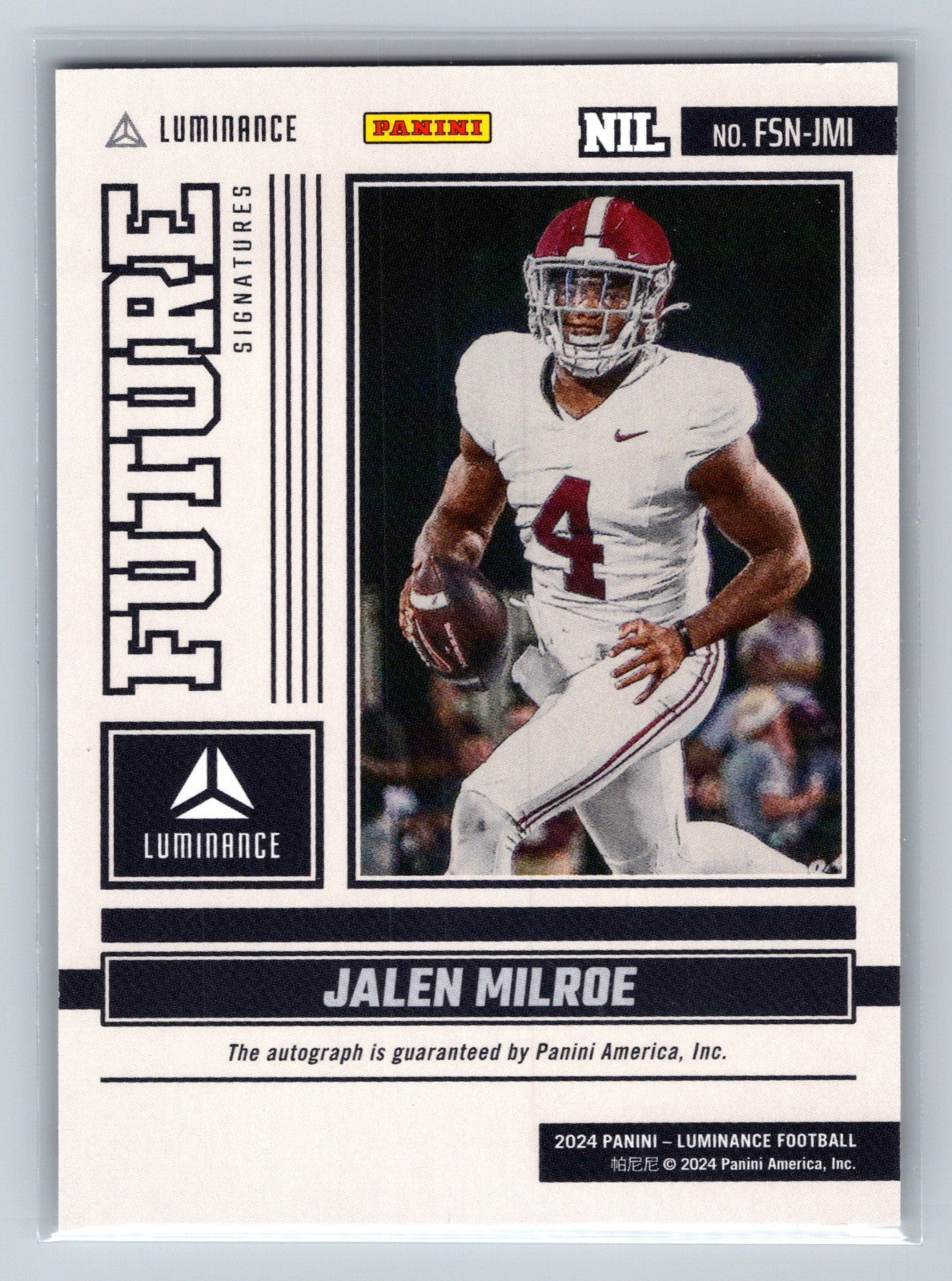 Jalen Milroe 2024 Panini Luminance Future Signatures NIL Red Auto #FSN-JMI