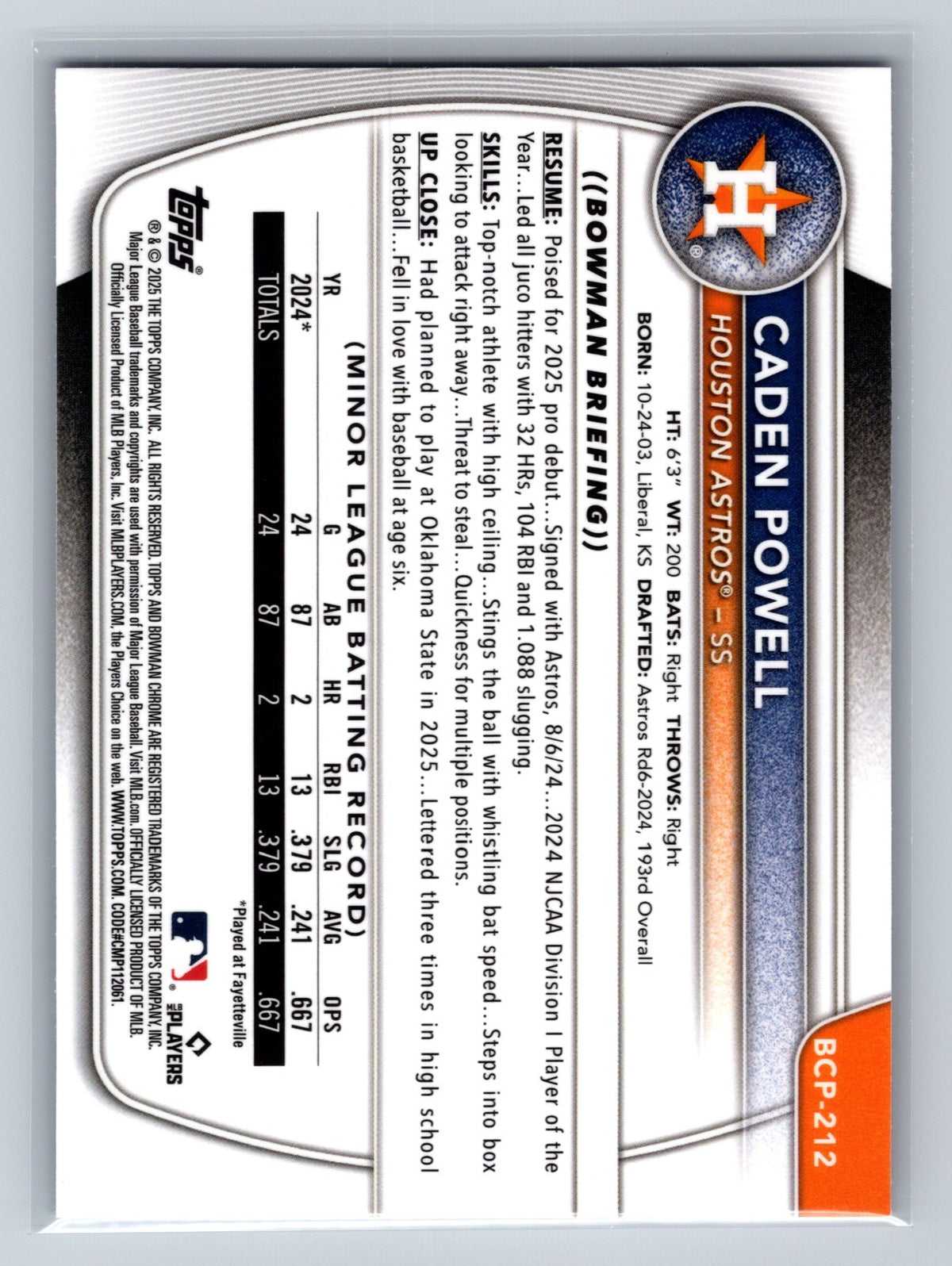 Caden Powell 2025 Bowman Chrome 1st Purple Pulsar Refractor /250 #BCP-212 Astros