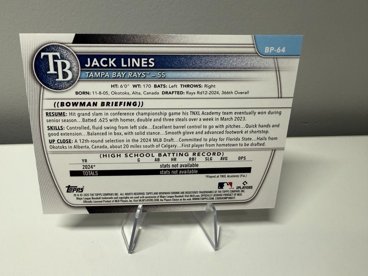 Jack Lines 2025 Bowman 1st Purple Pattern /199 #BP-64 Rays
