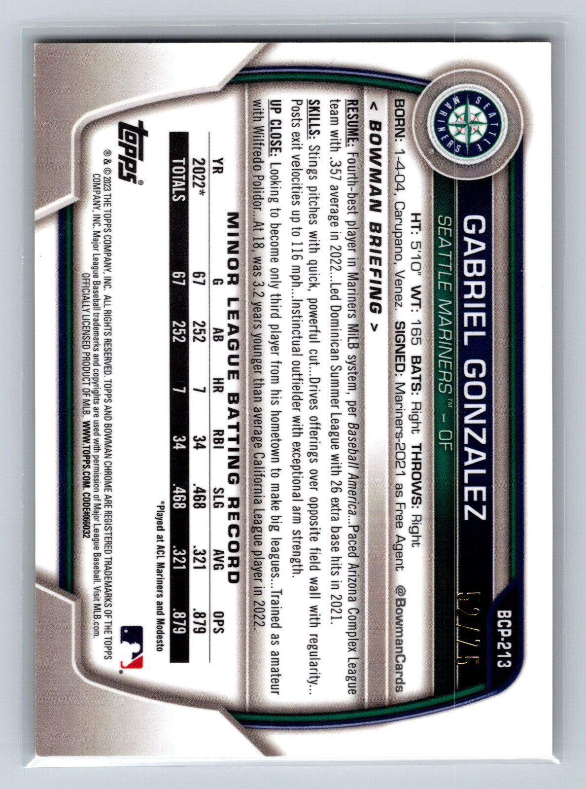 Gabriel Gonzalez 2023 Bowman Chrome Prospects Yellow Mojo Refractor /75 #BCP-213