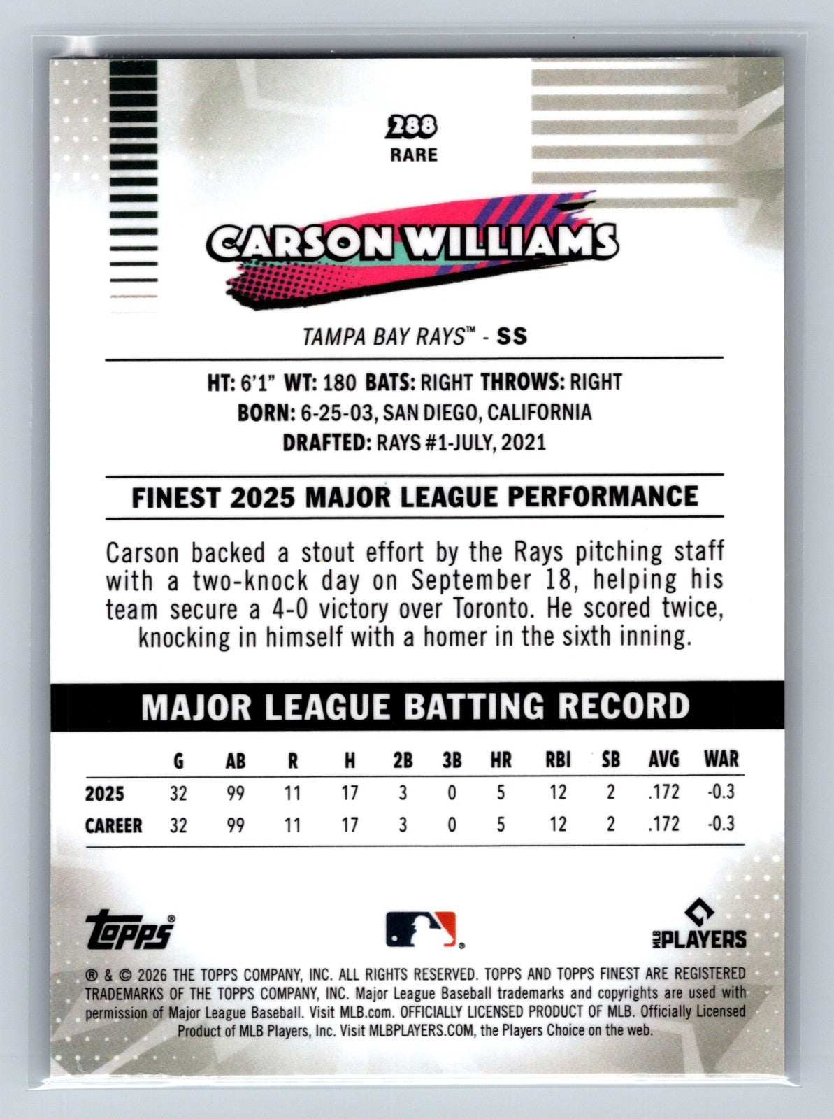 Carson Williams 2026 Topps Finest Rare Gold Mini Diamond Refractor /50 #288 Rays