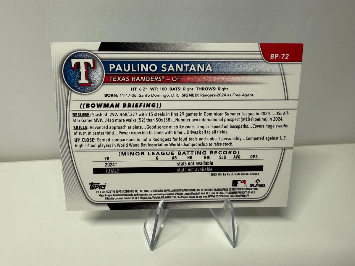 Paulino Santana 2025 Bowman Prospect Green Pattern /99 #BP-72 Rangers