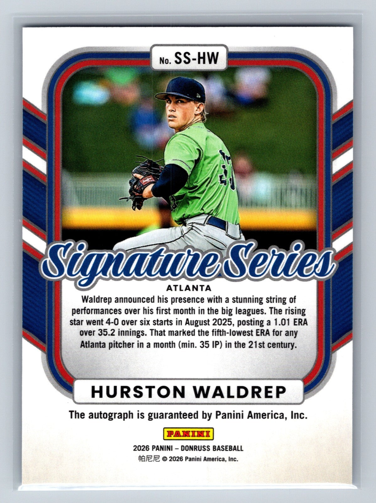 Hurston Waldrep 2026 Panini Donruss Signature Series Blue Auto /75 #SS-HW Braves