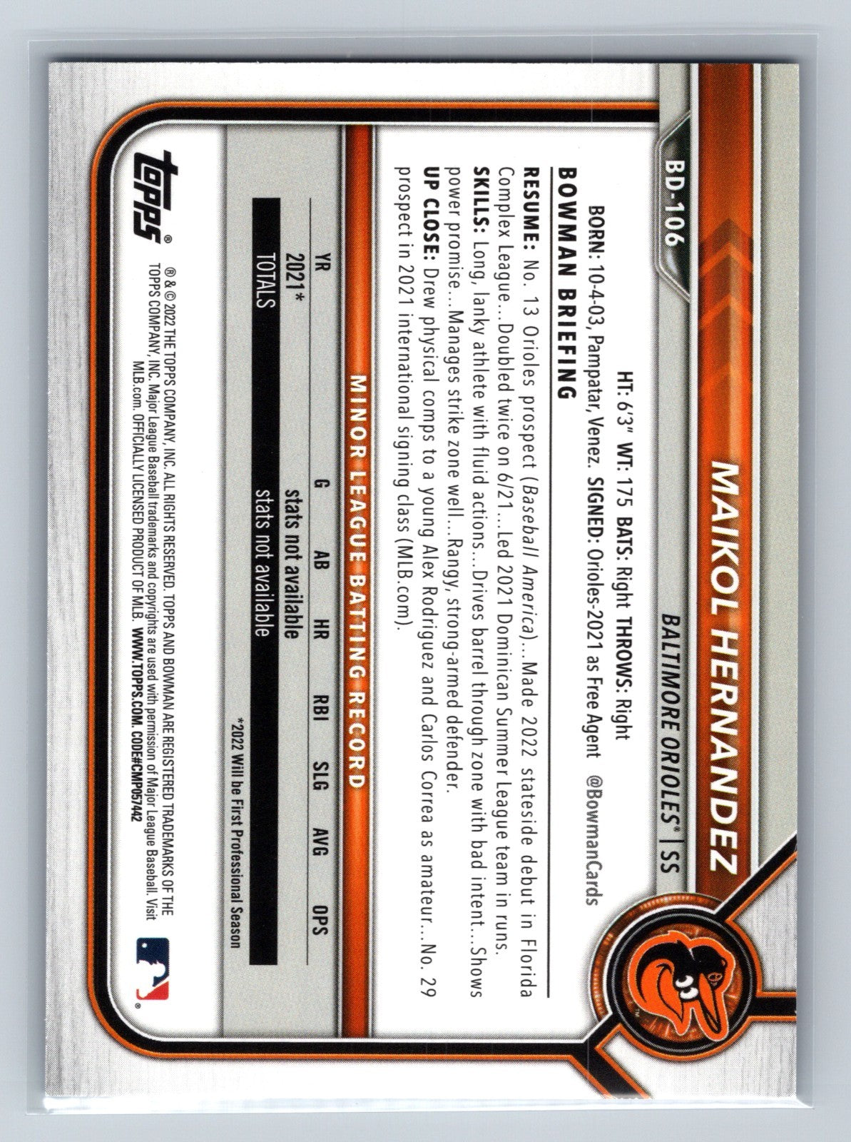 Maikol Hernandez 2022 Bowman Draft 1st Edition Paper Blue /150 #BD-106 Orioles
