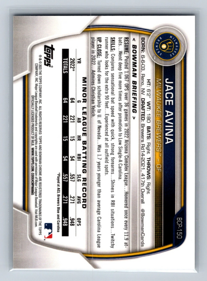 Jace Avina 2023 Bowman Chrome 1st Lava Refractor /399 #BCP-150 Brewers