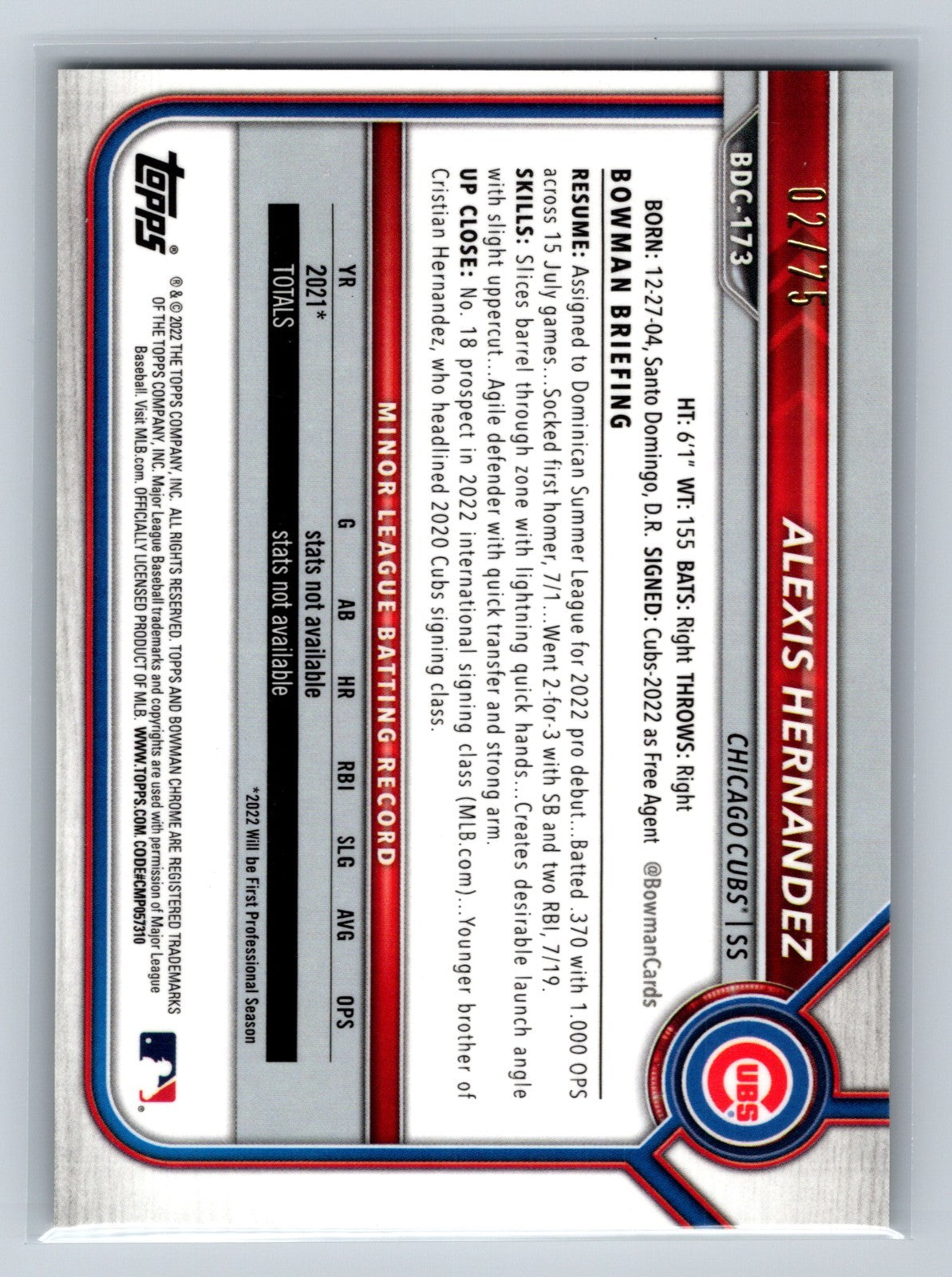 Alexis Hernandez 2022 Bowman Draft Chrome Yellow Lava Refractor /75 #BDC-173