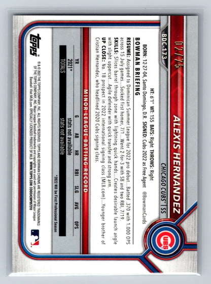 Alexis Hernandez 2022 Bowman Draft Chrome Yellow Lava Refractor /75 #BDC-173