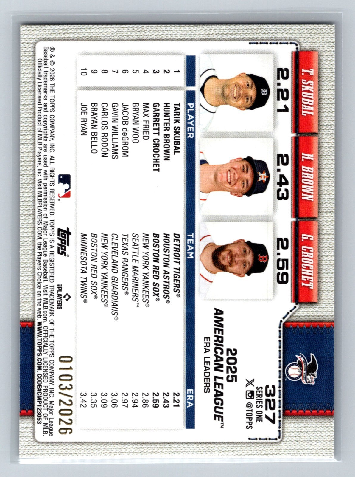 Skubal Brown Crochet 2026 Topps Series 1 Gold /2026 American League Leaders