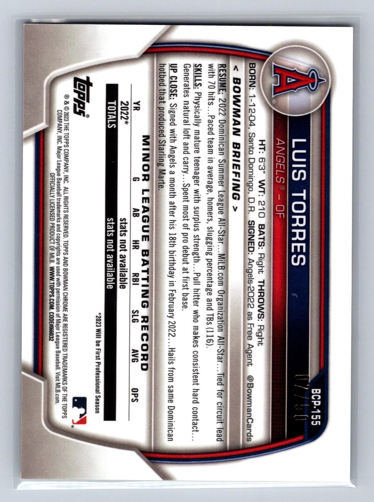 Luis Torres 2023 Bowman Chrome 1st Gold Mojo Refractor /50 #BCP-155 Angels
