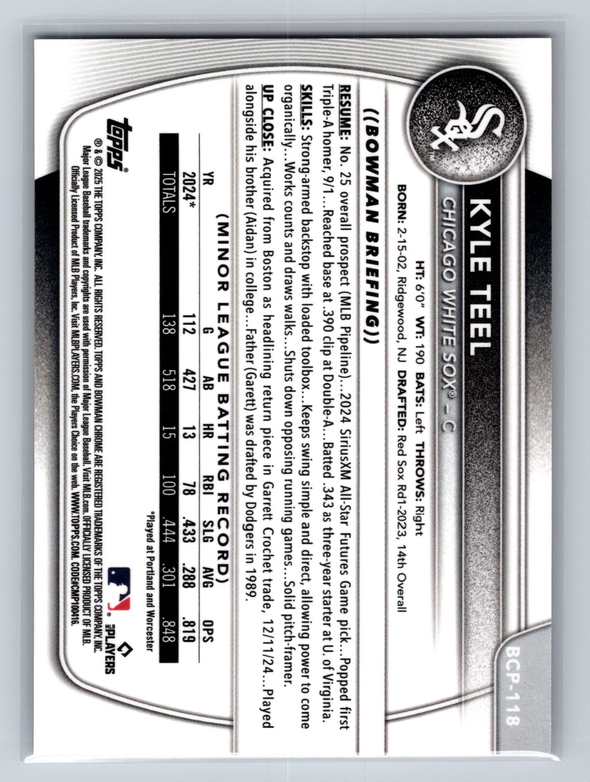 Kyle Teel 2025 Bowman Chrome Prospects Gold Shimmer Refractor /50 #BCP-118