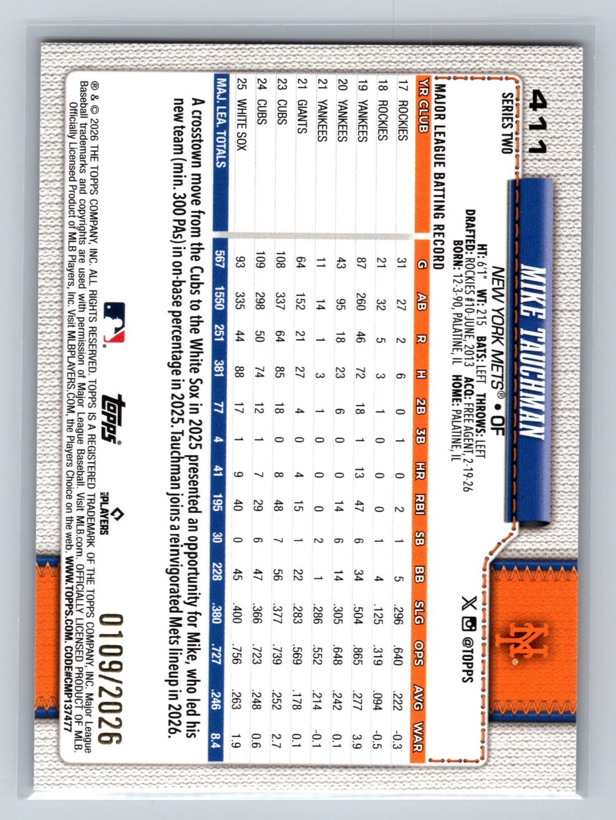 Mike Tauchman 2026 Topps Series 2 Paper Gold Border /2026 #411 Mets
