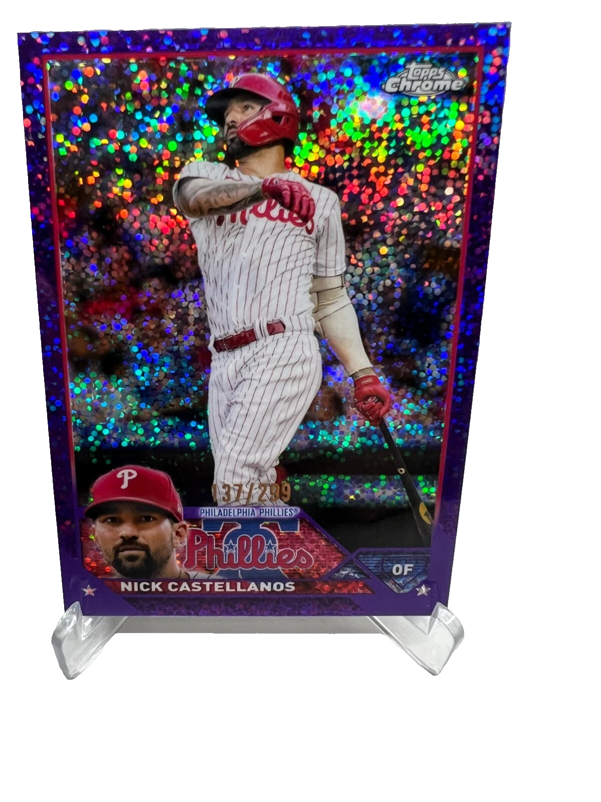 Nick Castellanos 2023 Topps Chrome Purple Speckle Refractor /299 #181 Phillies