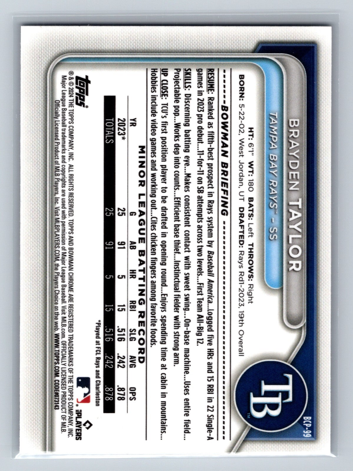 Braydon Taylor 2024 Bowman Chrome Prospect Purple RayWave Refractor /250 #BCP-99