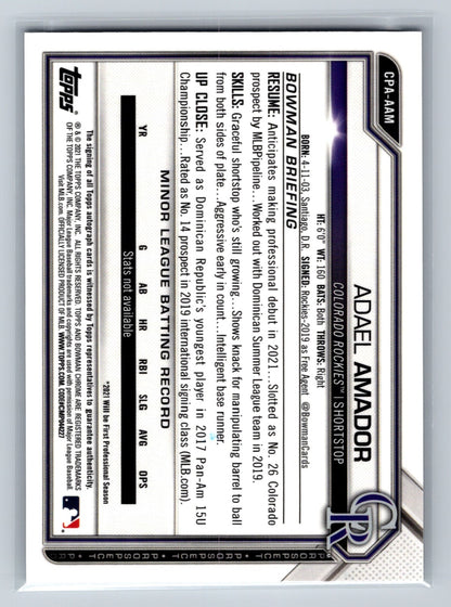 Adael Amador 2021 Bowman Chrome 1st Speckle Refractor Auto /299 #CPA-AAM Rockies