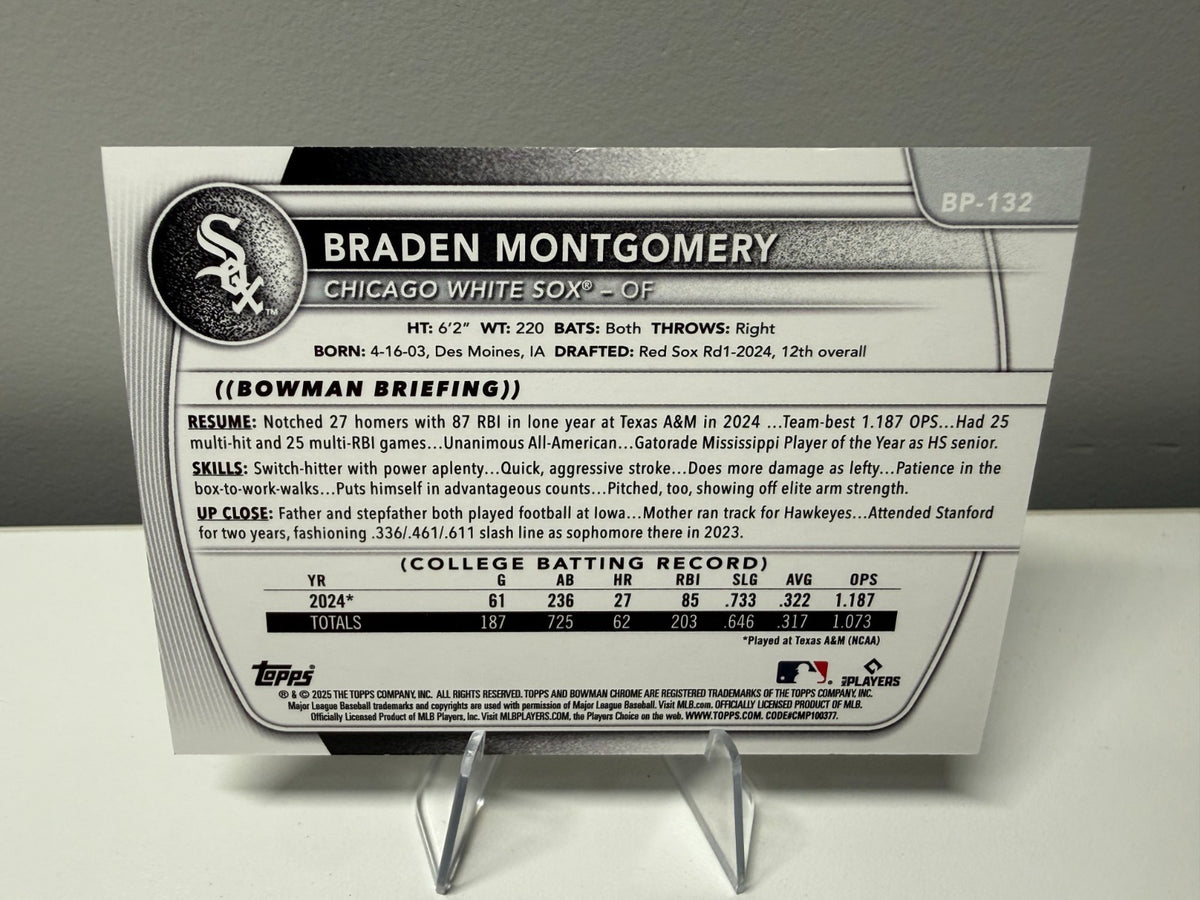 Braden Montgomery 2025 Bowman Paper Prospect Black Pattern /10 #BP-132 White Sox