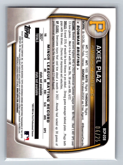 Axiel Plaz 2023 Bowman Chrome 1st Orange Mojo Refractor /25 #BCP-208 Pirates