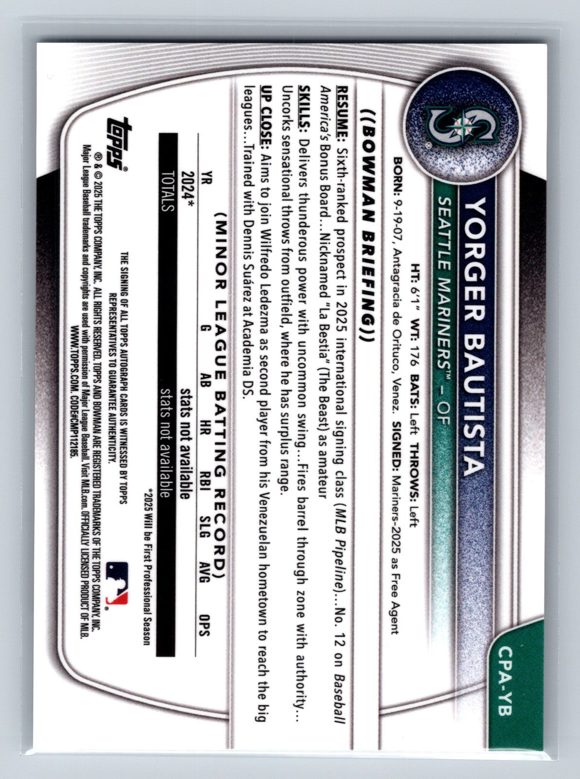 Yorger Bautista 2025 Bowman Chrome 1st Auto #CPA-YB Mariners