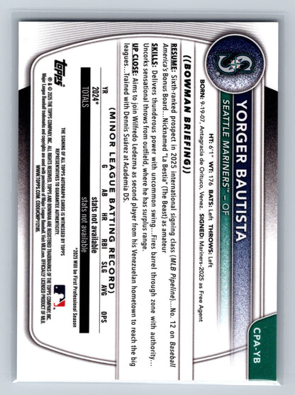 Yorger Bautista 2025 Bowman Chrome 1st Auto #CPA-YB Mariners