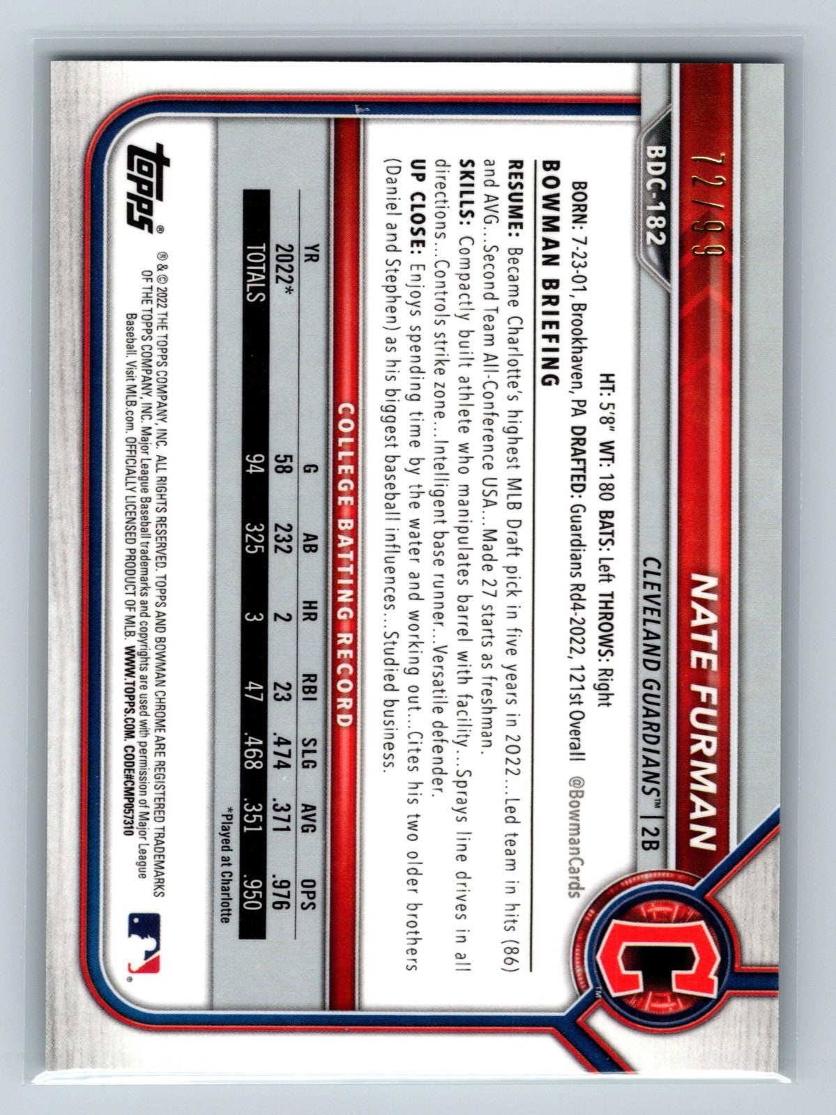 Nate Furman 2022 Bowman Draft Chrome 1st Green Sparkle Refractor /99 #BDC-182