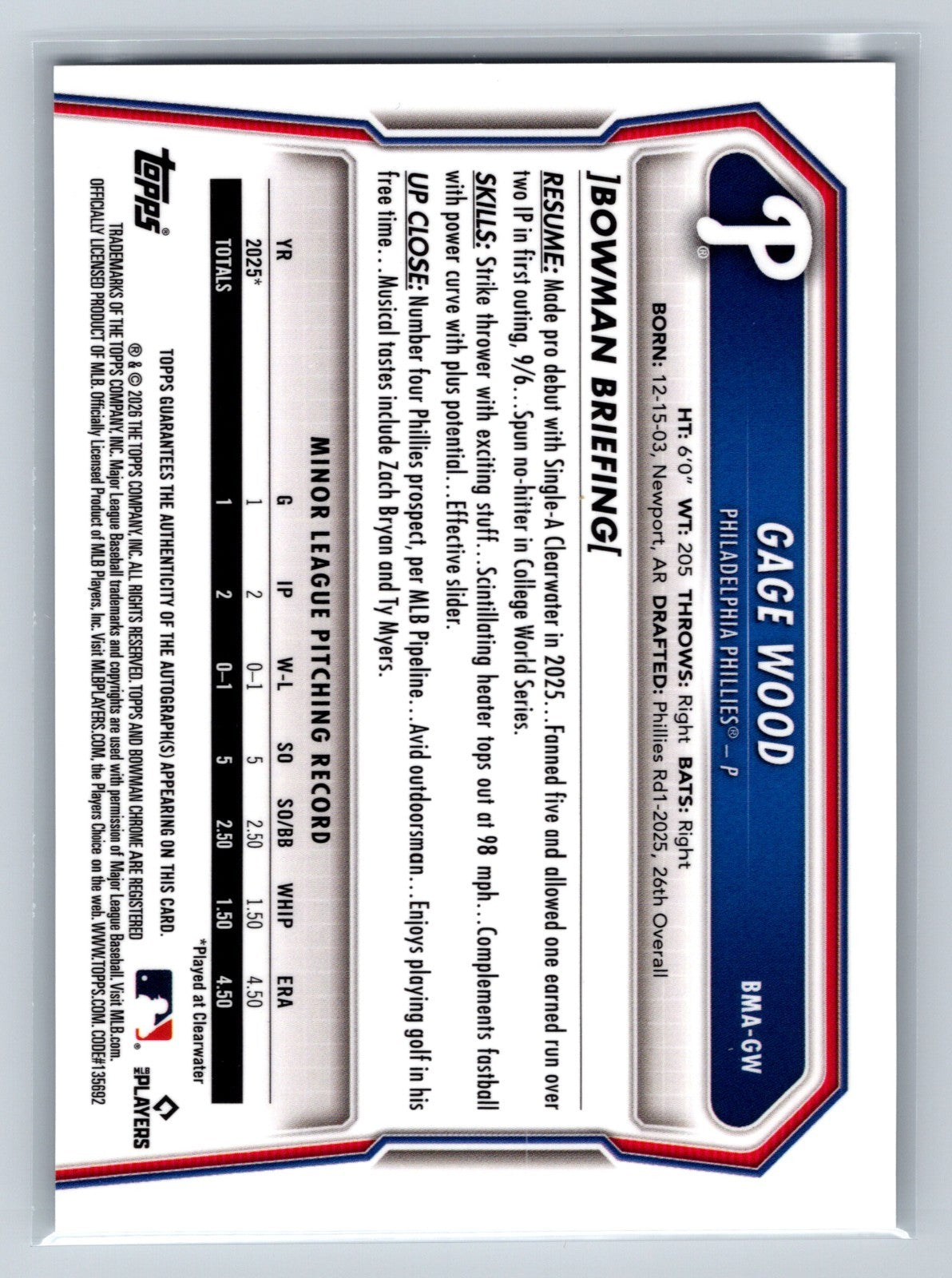Gage 2026 Bowman Chrome Mega Box Mojo Refractor Auto #BMA-GW Phillies
