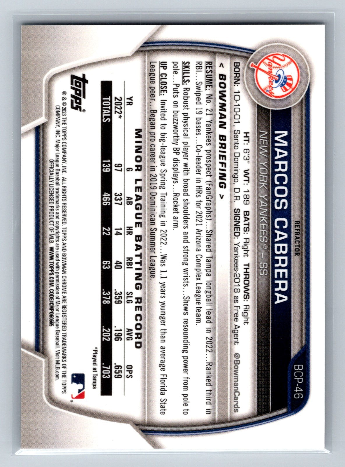 Marcos Cabrera 2023 Bowman Chrome 1st Refractor /499 #BCP-46 Yankees