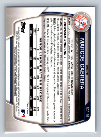 Marcos Cabrera 2023 Bowman Chrome 1st Refractor /499 #BCP-46 Yankees