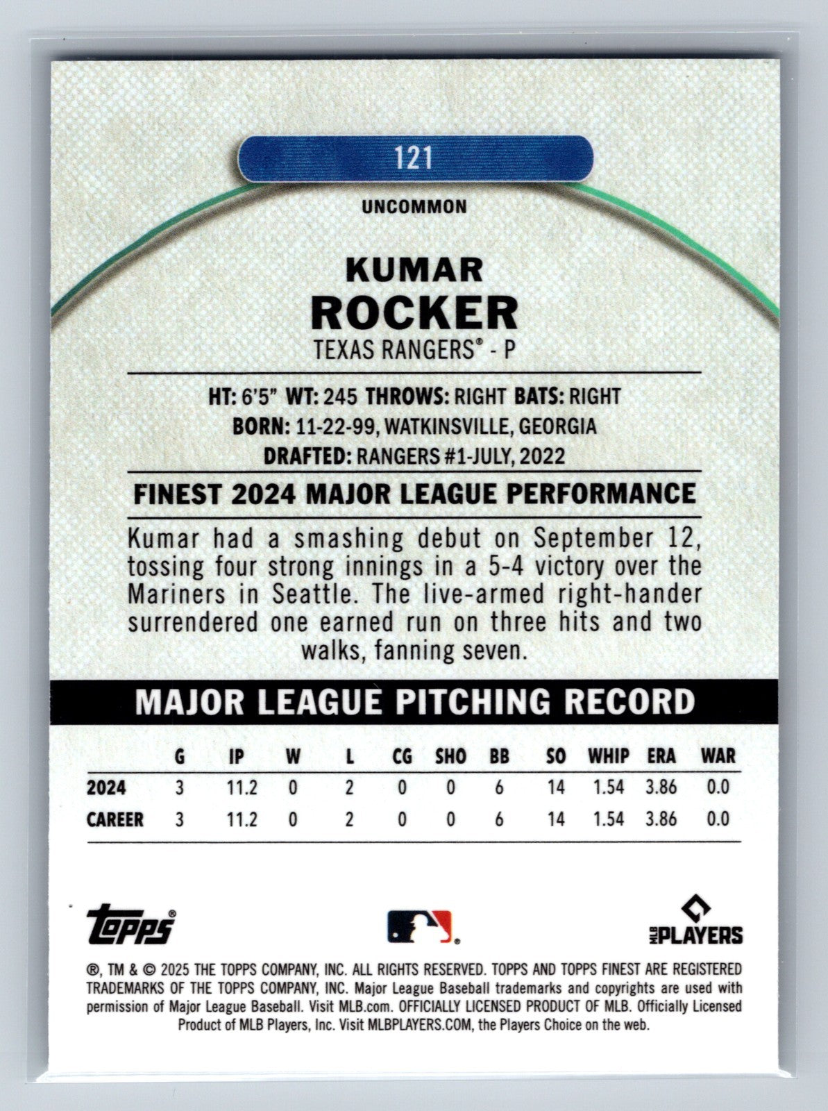 Kumar Rocker 2025 Topps Finest Uncommon Blue Refractor RC /150 #121 Rangers