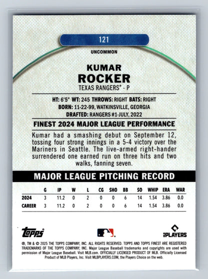Kumar Rocker 2025 Topps Finest Uncommon Blue Refractor RC /150 #121 Rangers