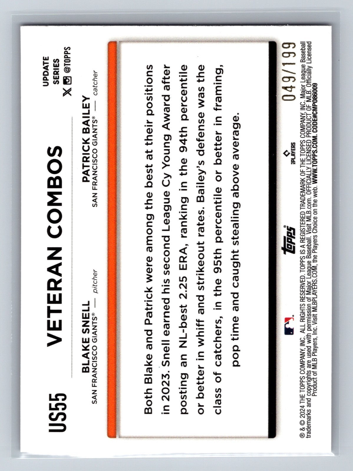 Blake Snell Patrick Bailey 2024 Topps Update Red Ice Foil Veteran Combos /199