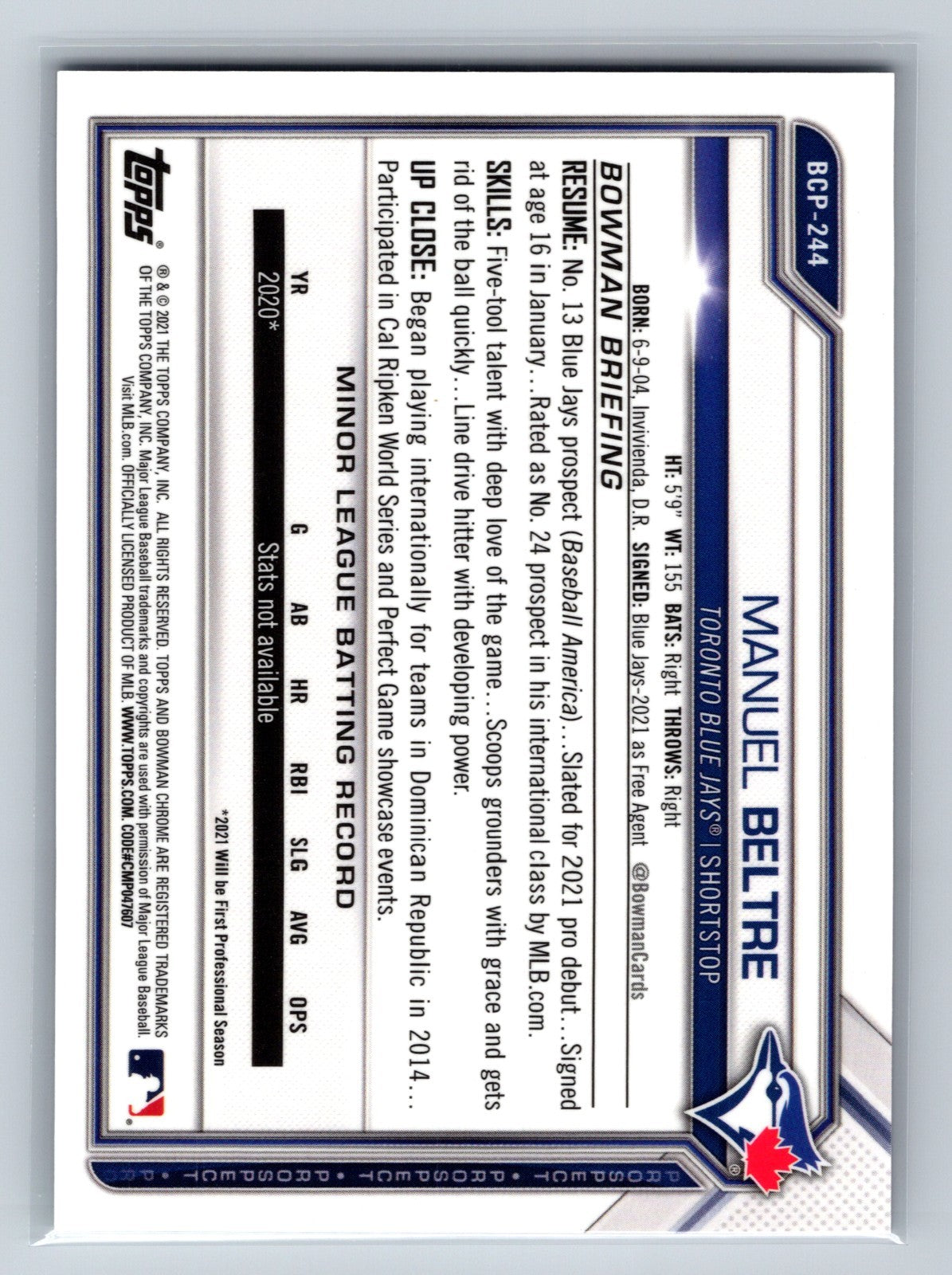 Manuel Beltre 2021 Bowman Chrome 1st Purple Shimmer Refractor /250 #BCP-244
