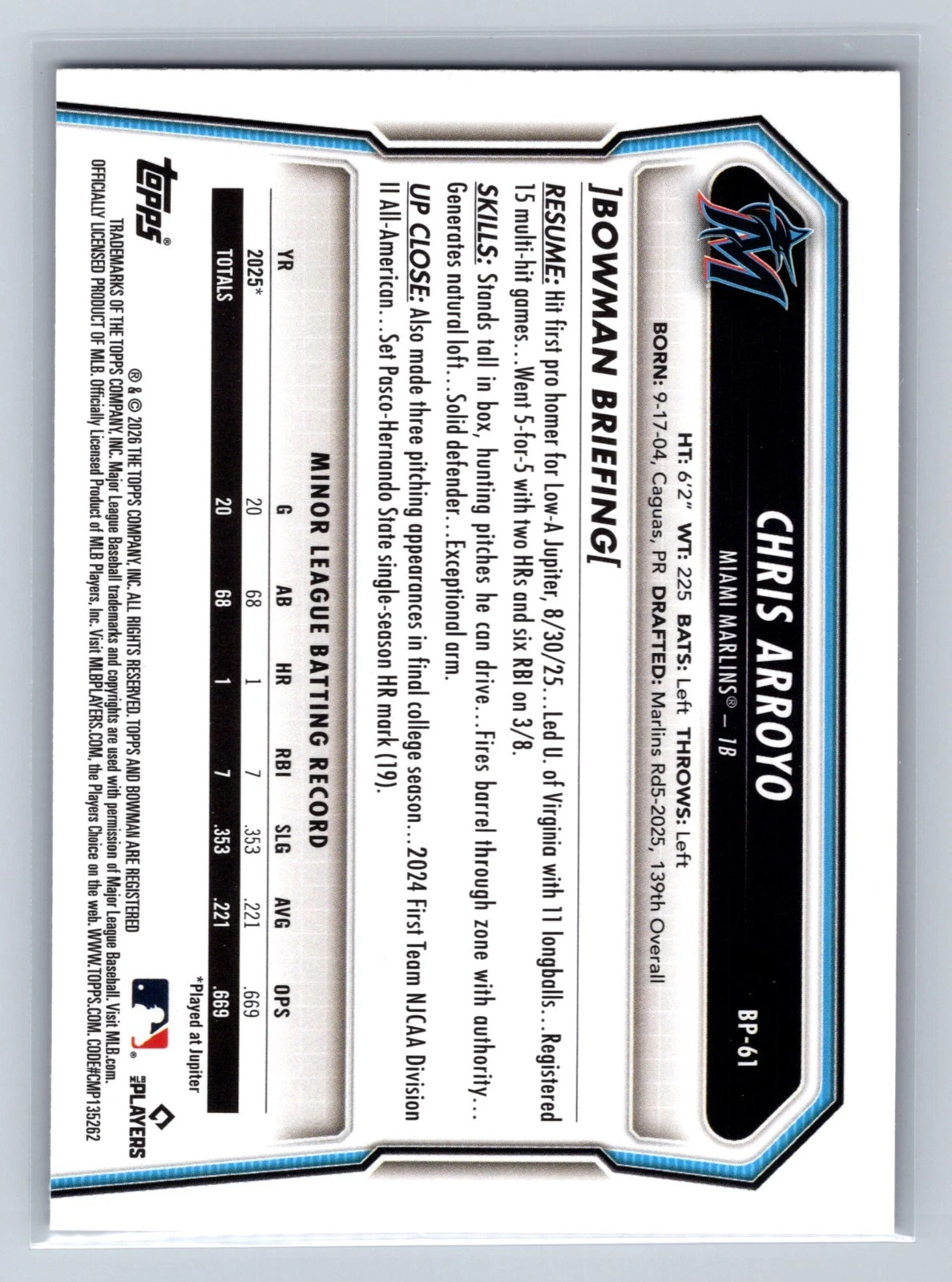 Chris Arroyo 2026 Bowman 1st Paper Fuchsia /299 #BP-61 Marlins
