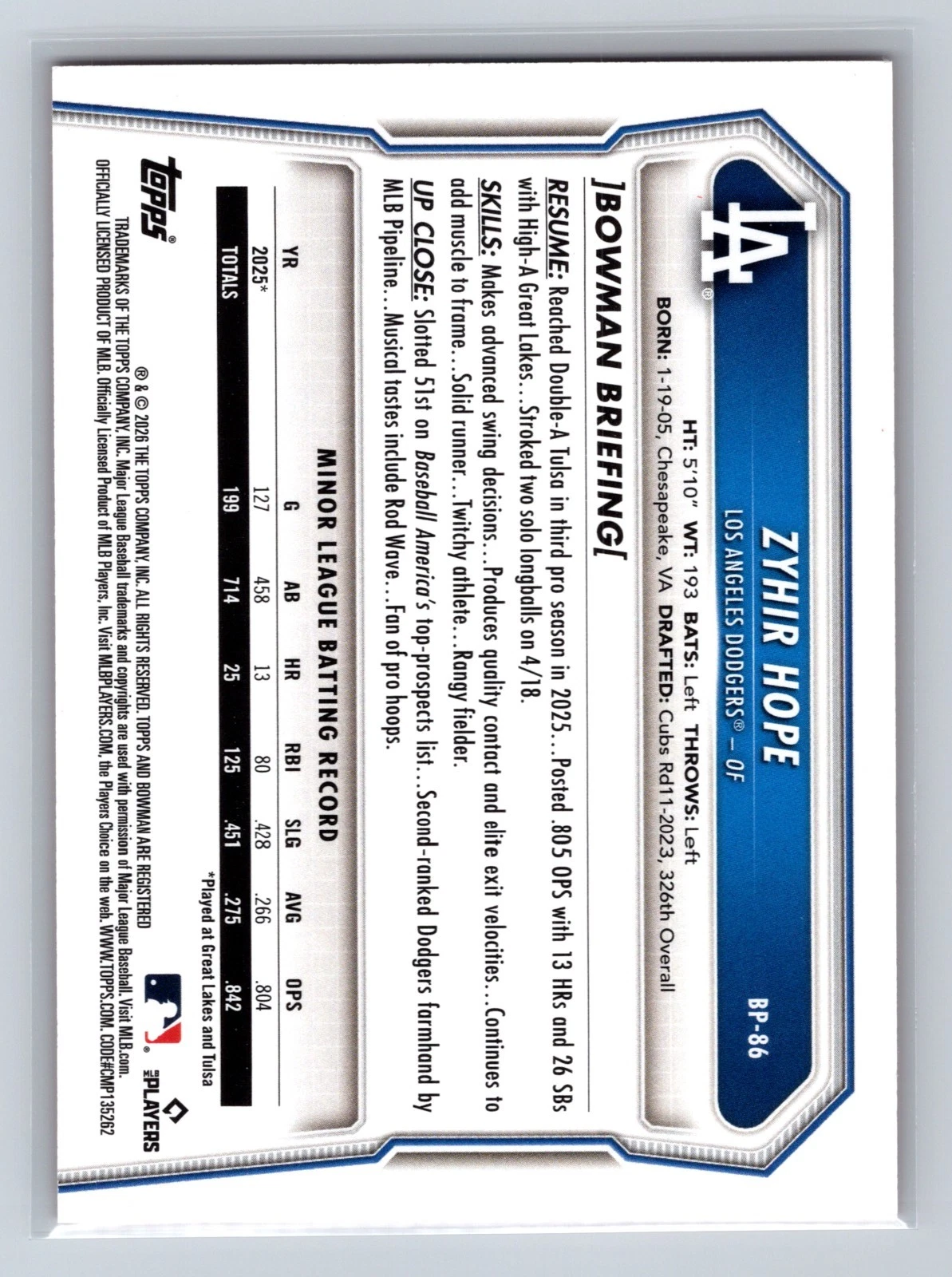 Zyhir Hope 2026 Bowman Prospects Paper Orange /25 #BP-86 Dodgers