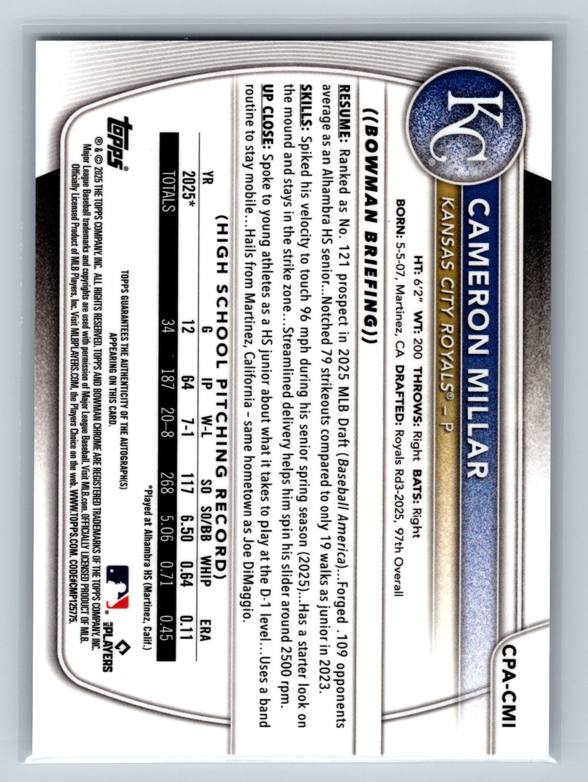 Cameron Millar 2025 Bowman Draft Chrome 1st Auto #CPA-CMI Royals