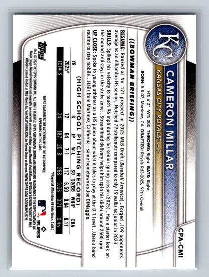Cameron Millar 2025 Bowman Draft Chrome 1st Auto #CPA-CMI Royals