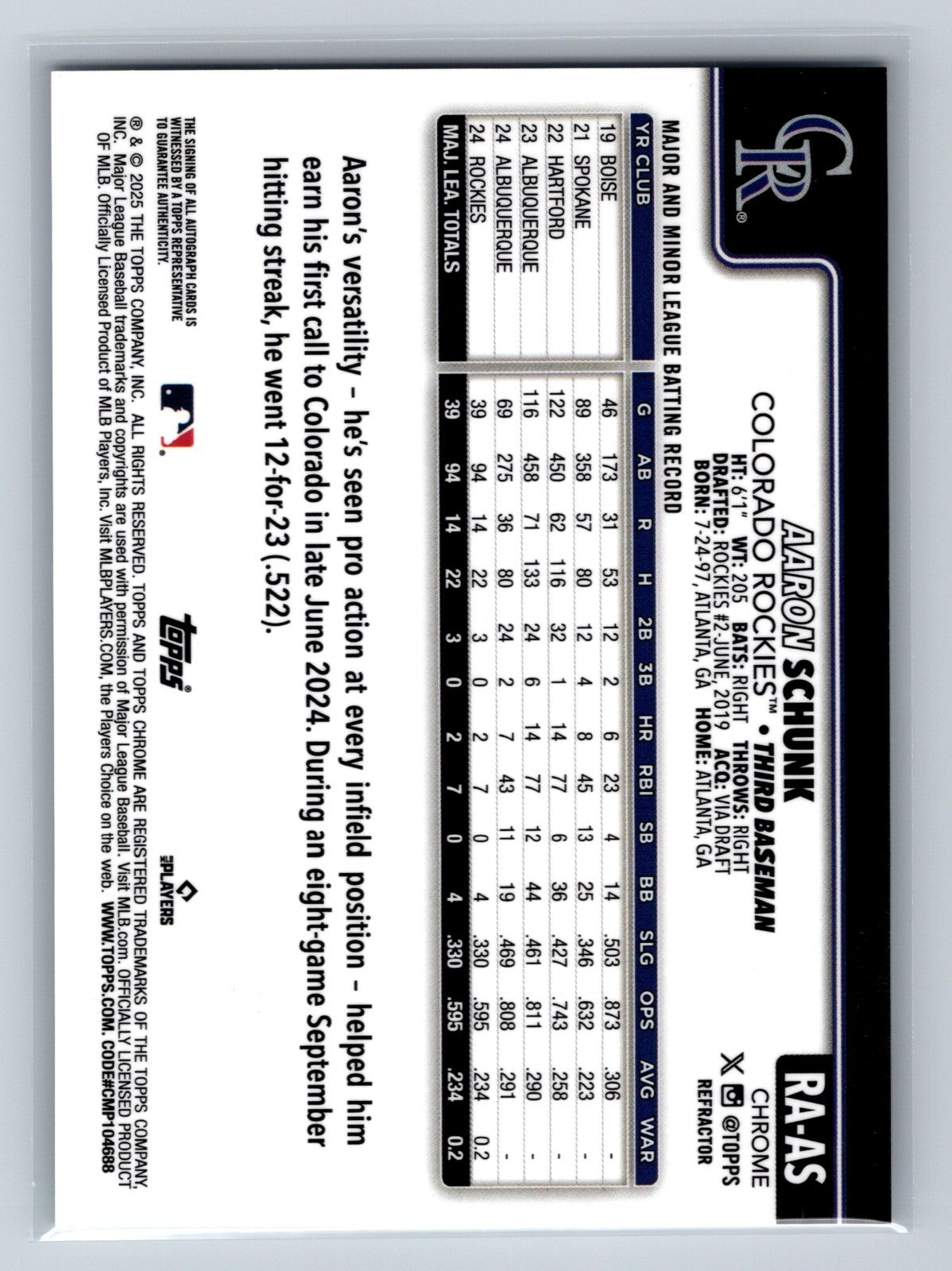 Aaron Schunk 2025 Topps Chrome Refractor Auto RC /499 #RA-AS Rockies