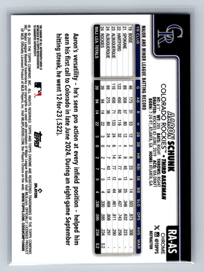 Aaron Schunk 2025 Topps Chrome Refractor Auto RC /499 #RA-AS Rockies