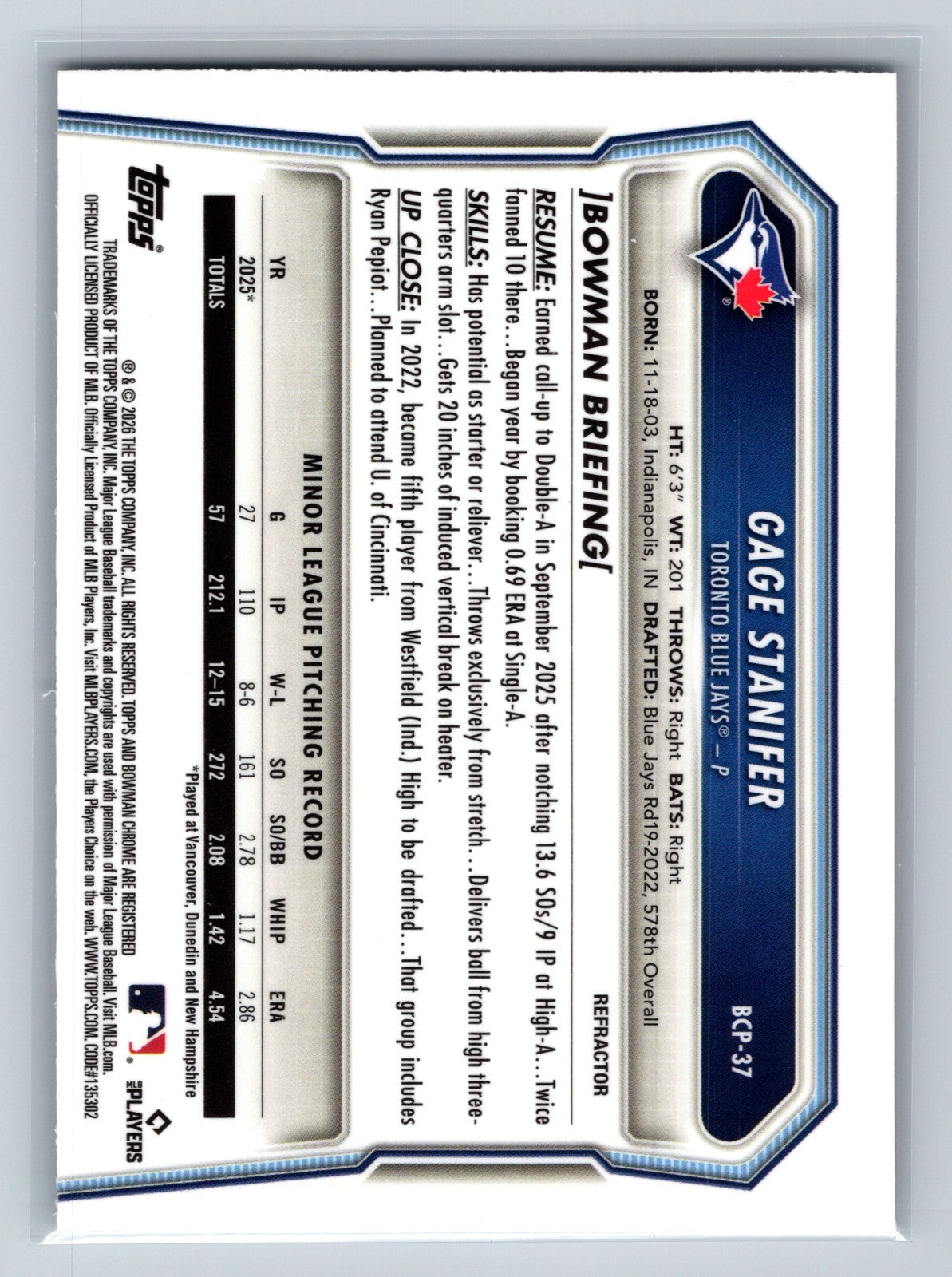 Cage Stanifer 2026 Bowman Chrome 1st Refractor /499 #BCP-37 Blue Jays