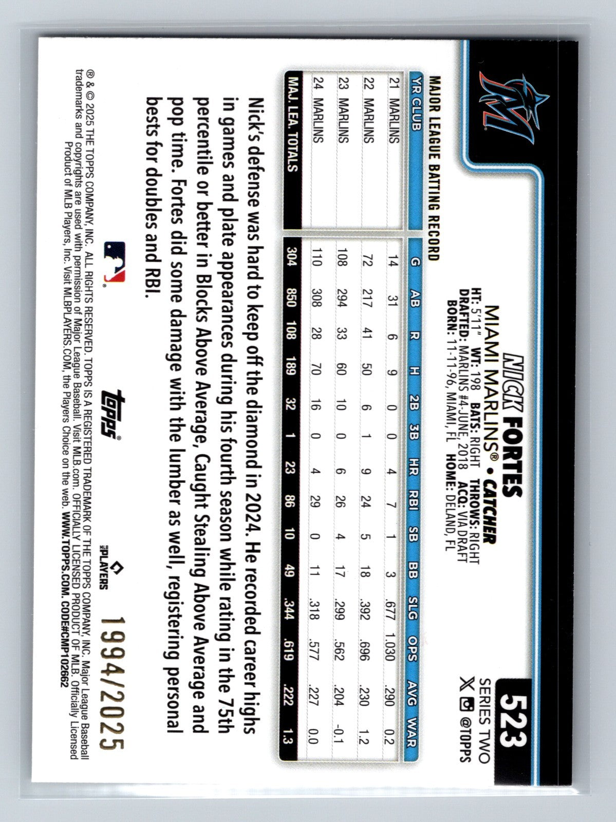 Nick Fortes 2025 Topps Series 2 Gold /2025 #523 Marlins