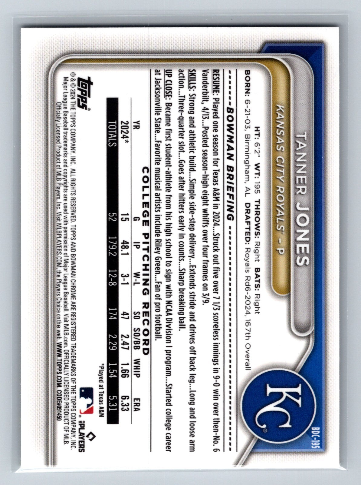 Tanner Jones 2024 Bowman Draft Chrome 1st Yellow Lunar Refractor /75 #BDC-195
