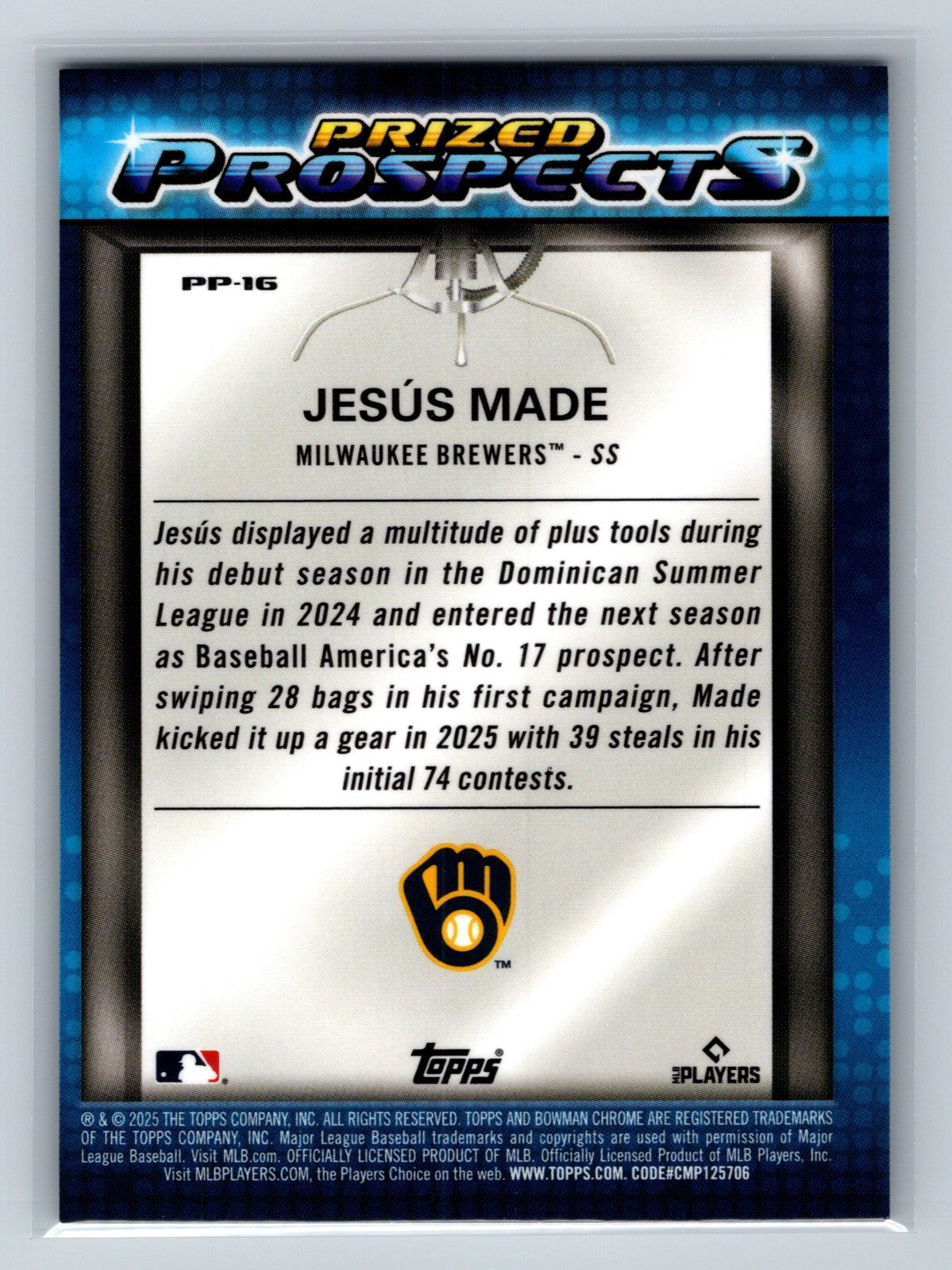 Jesus Made 2025 Bowman Draft Prized Prospects Green Refractor /99 #PP-16 Brewers
